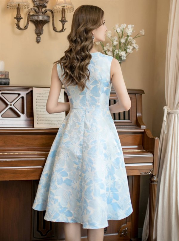 画像14: [送料無料][GINZA COUTURE]ホワイト・ピンク×ゴールド・ブルー・ピンク×シルバー・フラワープリント・金糸・Aライン・ミディアムドレス・ワンピース[即日発送][大きいサイズあり] (14)