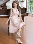 画像6: [送料無料][GINZA COUTURE]ピンク×ゴールド・ブルー・ピンク×シルバー・ホワイト・フラワープリント・金糸・Aライン・ミディアムドレス・ワンピース[即日発送][大きいサイズあり] (6)