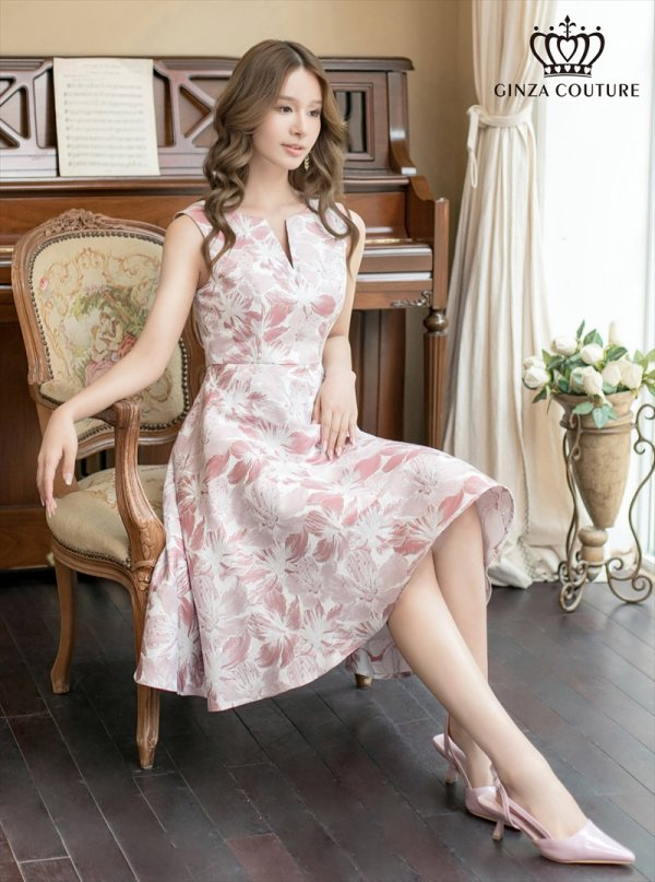 画像1: [送料無料][GINZA COUTURE]ピンク×シルバー・ホワイト・ピンク×ゴールド・ブルー・フラワープリント・金糸・Aライン・ミディアムドレス・ワンピース[即日発送][大きいサイズあり] (1)