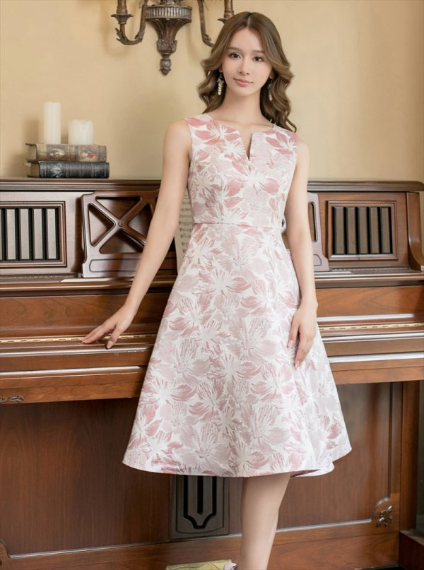 画像2: [送料無料][GINZA COUTURE]ピンク×シルバー・ホワイト・ピンク×ゴールド・ブルー・フラワープリント・金糸・Aライン・ミディアムドレス・ワンピース[即日発送][大きいサイズあり] (2)