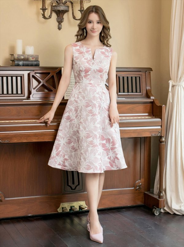 画像20: [送料無料][GINZA COUTURE]ホワイト・ピンク×ゴールド・ブルー・ピンク×シルバー・フラワープリント・金糸・Aライン・ミディアムドレス・ワンピース[即日発送][大きいサイズあり] (20)