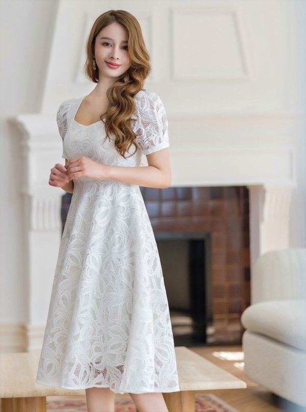 画像2: [送料無料][GINZA COUTURE]ホワイト・花柄・ケミカルレース・スクエアネック・半袖・Ａライン・ミディアムドレス・ワンピース[即日発送][大きいサイズあり] (2)