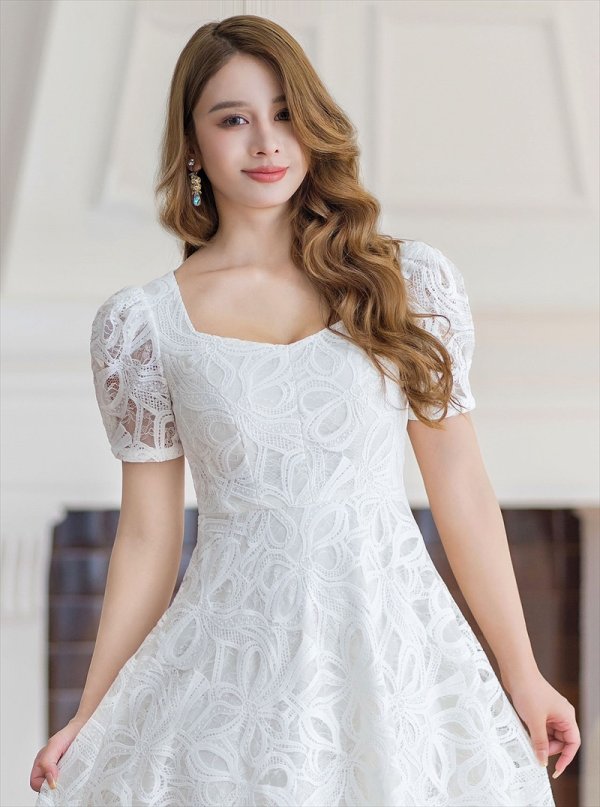 画像4: [送料無料][GINZA COUTURE]ホワイト・花柄・ケミカルレース・スクエアネック・半袖・Ａライン・ミディアムドレス・ワンピース[即日発送][大きいサイズあり] (4)