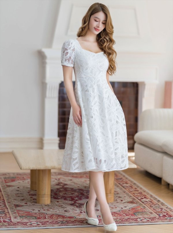 画像5: [送料無料][GINZA COUTURE]ホワイト・花柄・ケミカルレース・スクエアネック・半袖・Ａライン・ミディアムドレス・ワンピース[即日発送][大きいサイズあり] (5)