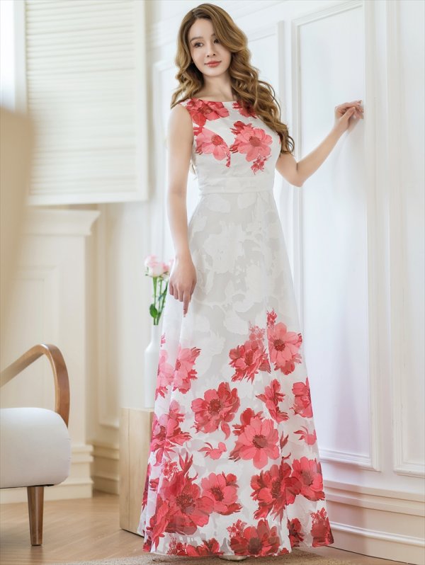 画像2: [送料無料][GINZA COUTURE]ホワイト×レッド・ホワイト×ブルー・ホワイト×ブラック・ホワイト×ブラウン・ホワイト×グリーン・ホワイト×パープル・フラワープリント・Aライン・ロングドレス[即日発送][大きいサイズあり] (2)