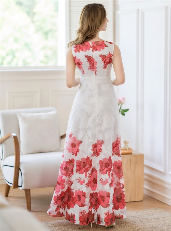 画像3: [送料無料][GINZA COUTURE]ホワイト×レッド・ホワイト×ブルー・ホワイト×ブラック・ホワイト×ブラウン・ホワイト×グリーン・ホワイト×パープル・フラワープリント・Aライン・ロングドレス[即日発送][大きいサイズあり] (3)