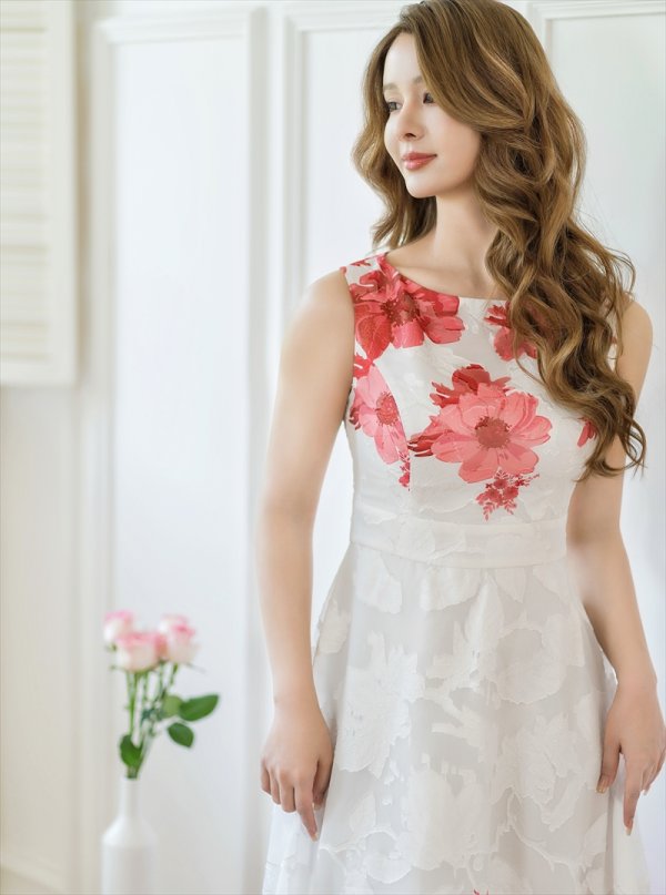 画像4: [送料無料][GINZA COUTURE]ホワイト×レッド・ホワイト×ブルー・ホワイト×ブラック・ホワイト×ブラウン・ホワイト×グリーン・ホワイト×パープル・フラワープリント・Aライン・ロングドレス[即日発送][大きいサイズあり] (4)