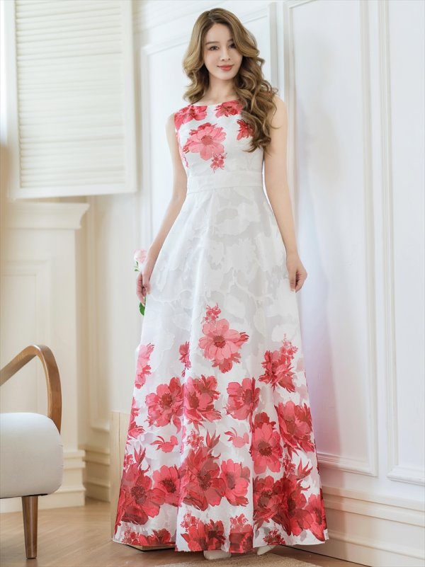 画像5: [送料無料][GINZA COUTURE]ホワイト×レッド・ホワイト×ブルー・ホワイト×ブラック・ホワイト×ブラウン・ホワイト×グリーン・ホワイト×パープル・フラワープリント・Aライン・ロングドレス[即日発送][大きいサイズあり] (5)