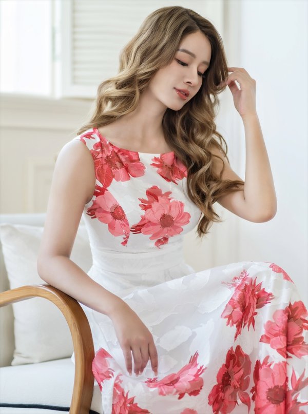 画像6: [送料無料][GINZA COUTURE]ホワイト×レッド・ホワイト×ブルー・ホワイト×ブラック・ホワイト×ブラウン・ホワイト×グリーン・ホワイト×パープル・フラワープリント・Aライン・ロングドレス[即日発送][大きいサイズあり] (6)