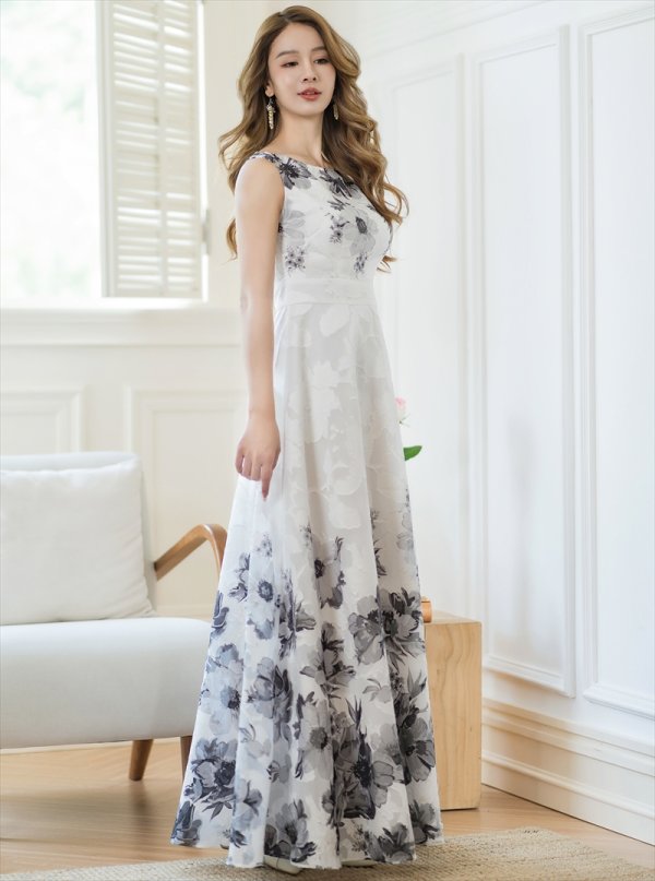 画像14: [送料無料][GINZA COUTURE]ホワイト×レッド・ホワイト×ブルー・ホワイト×ブラック・ホワイト×ブラウン・ホワイト×グリーン・ホワイト×パープル・フラワープリント・Aライン・ロングドレス[即日発送][大きいサイズあり] (14)