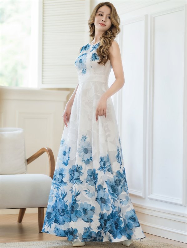 画像8: [送料無料][GINZA COUTURE]ホワイト×レッド・ホワイト×ブルー・ホワイト×ブラック・ホワイト×ブラウン・ホワイト×グリーン・ホワイト×パープル・フラワープリント・Aライン・ロングドレス[即日発送][大きいサイズあり] (8)