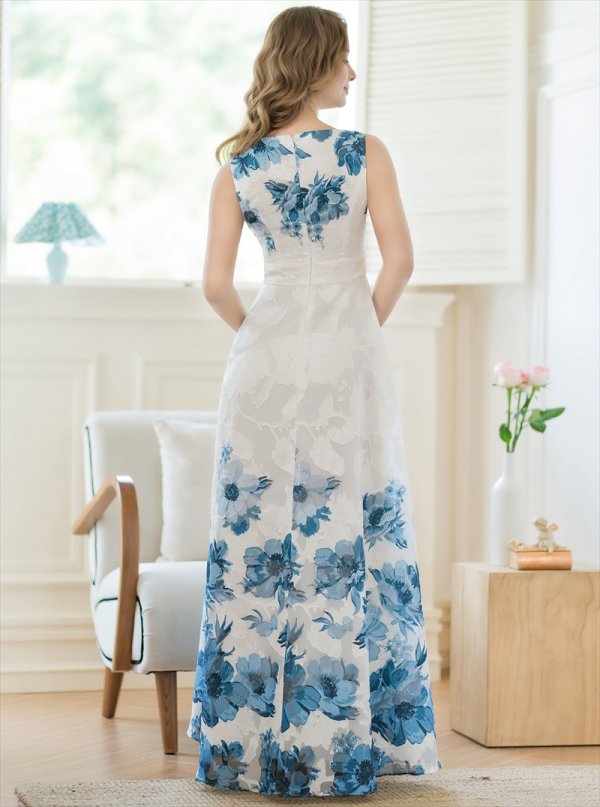 画像9: [送料無料][GINZA COUTURE]ホワイト×レッド・ホワイト×ブルー・ホワイト×ブラック・ホワイト×ブラウン・ホワイト×グリーン・ホワイト×パープル・フラワープリント・Aライン・ロングドレス[即日発送][大きいサイズあり] (9)