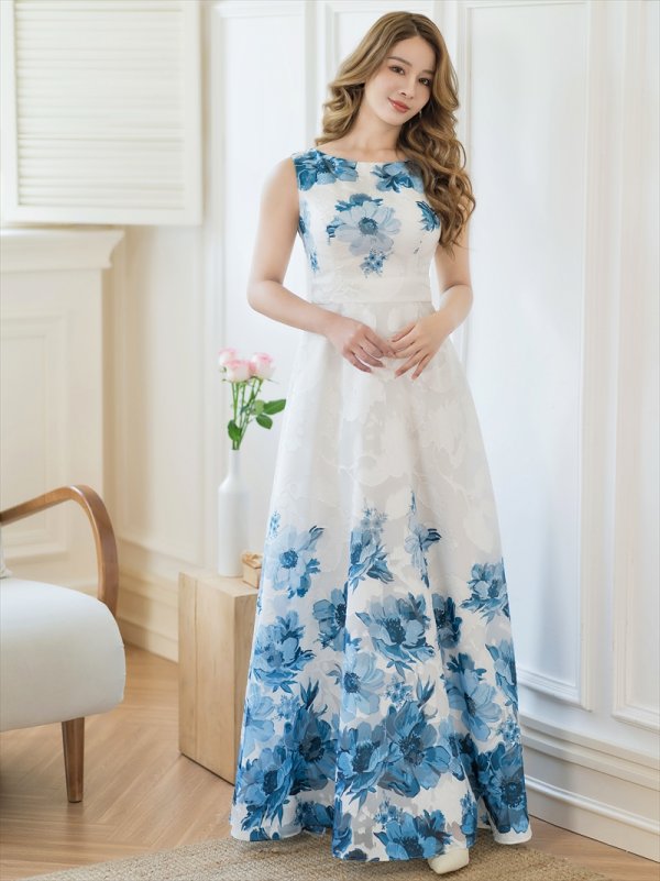 画像11: [送料無料][GINZA COUTURE]ホワイト×レッド・ホワイト×ブルー・ホワイト×ブラック・ホワイト×ブラウン・ホワイト×グリーン・ホワイト×パープル・フラワープリント・Aライン・ロングドレス[即日発送][大きいサイズあり] (11)