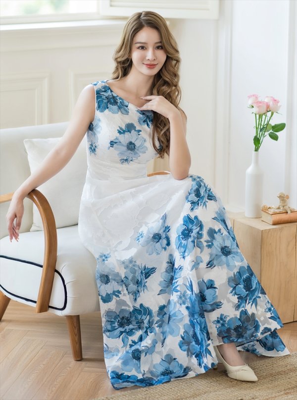 画像12: [送料無料][GINZA COUTURE]ホワイト×レッド・ホワイト×ブルー・ホワイト×ブラック・ホワイト×ブラウン・ホワイト×グリーン・ホワイト×パープル・フラワープリント・Aライン・ロングドレス[即日発送][大きいサイズあり] (12)