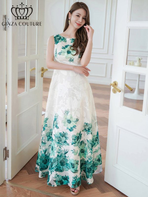 画像18: [送料無料][GINZA COUTURE]ホワイト×レッド・ホワイト×ブルー・ホワイト×ブラック・ホワイト×ブラウン・ホワイト×グリーン・ホワイト×パープル・フラワープリント・Aライン・ロングドレス[即日発送][大きいサイズあり] (18)