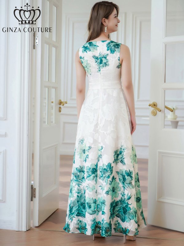 画像9: [送料無料][GINZA COUTURE]ホワイト×パープル・ホワイト×グリーン・ホワイト×ブラック・ホワイト×レッド・ホワイト×ブルー・ホワイト×ブラウン・フラワープリント・Aライン・ロングドレス[即日発送][大きいサイズあり] (9)