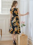 画像3: [送料無料][GINZA COUTURE]ブラック×イエロー・プリント・花柄・ひまわり・ノースリーブ・Aライン・ミディアムドレス・ワンピース[即日発送][大きいサイズあり] (3)