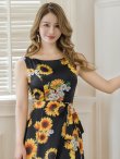 画像4: [送料無料][GINZA COUTURE]ブラック×イエロー・プリント・花柄・ひまわり・ノースリーブ・Aライン・ミディアムドレス・ワンピース[即日発送][大きいサイズあり] (4)