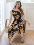画像6: [送料無料][GINZA COUTURE]ブラック×イエロー・プリント・花柄・ひまわり・ノースリーブ・Aライン・ミディアムドレス・ワンピース[即日発送][大きいサイズあり] (6)