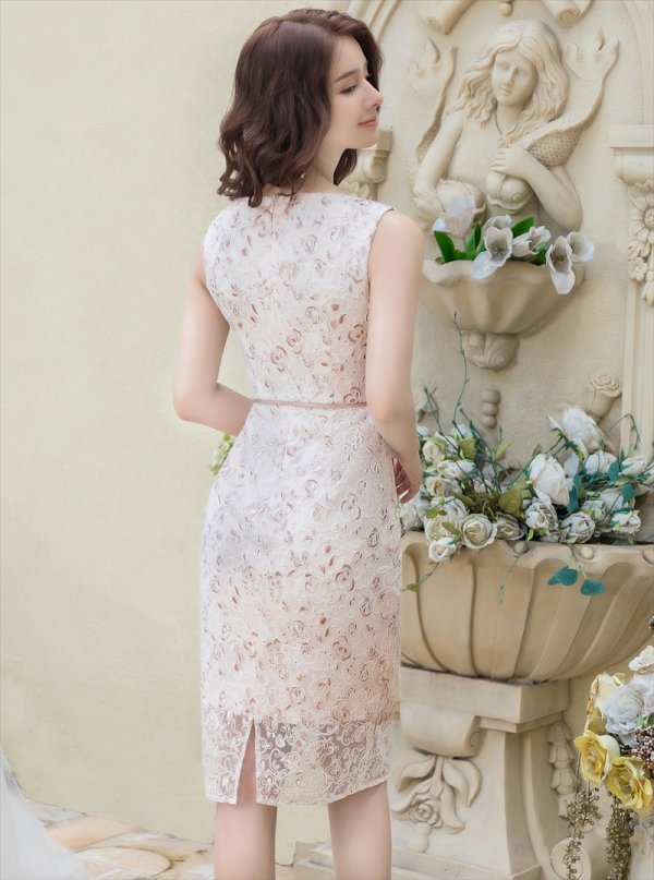 画像9: [送料無料][GINZA COUTURE]ブルー・ベージュ・総レース・タイト・ノースリーブ・ミディアムドレス・ワンピース[即日発送][大きいサイズあり] (9)