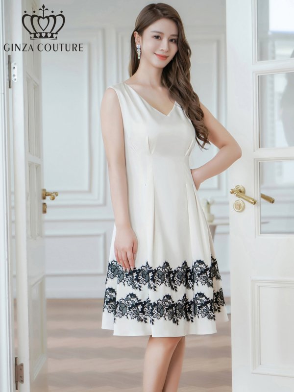 画像2: [送料無料][GINZA COUTURE]ホワイト・バイカラー・ノースリーブ・Vネック・タック・サテン・裾レース・Aライン・ミディアムドレス・ワンピース[即日発送][大きいサイズあり] (2)
