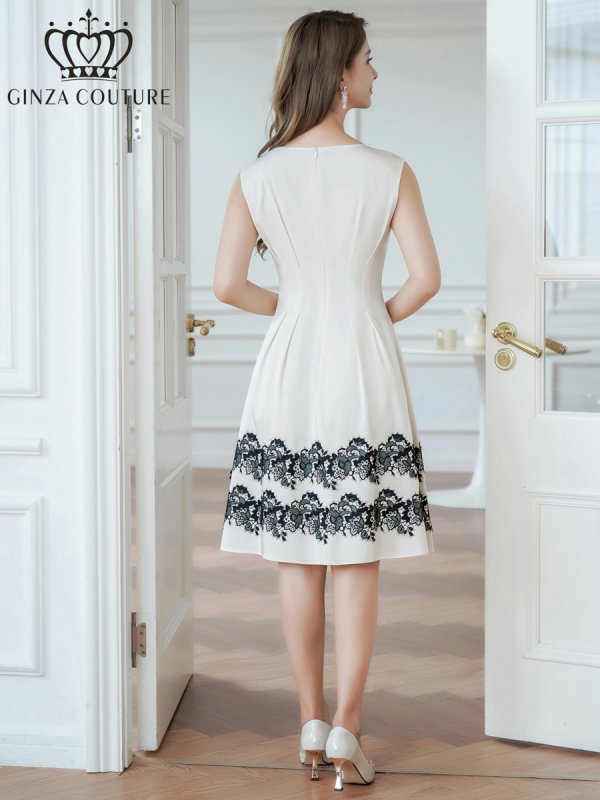 画像3: [送料無料][GINZA COUTURE]ホワイト・バイカラー・ノースリーブ・Vネック・タック・サテン・裾レース・Aライン・ミディアムドレス・ワンピース[即日発送][大きいサイズあり] (3)