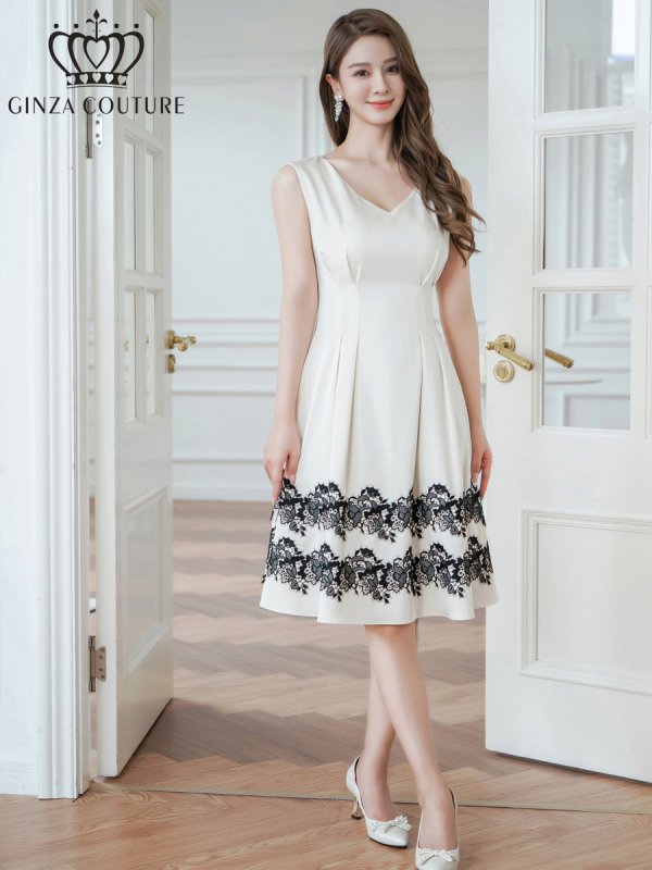 画像5: [送料無料][GINZA COUTURE]ホワイト・バイカラー・ノースリーブ・Vネック・タック・サテン・裾レース・Aライン・ミディアムドレス・ワンピース[即日発送][大きいサイズあり] (5)