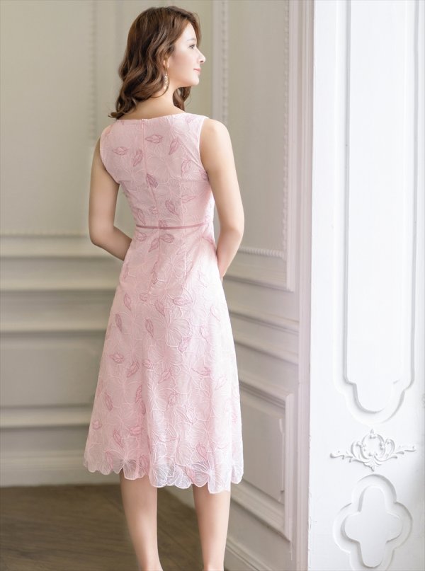 画像3: [送料無料][GINZA COUTURE]ピンク・総レース・ウエストポイント・ノースリーブ・Aライン・ミディアムドレス・ワンピース[即日発送][大きいサイズあり] (3)
