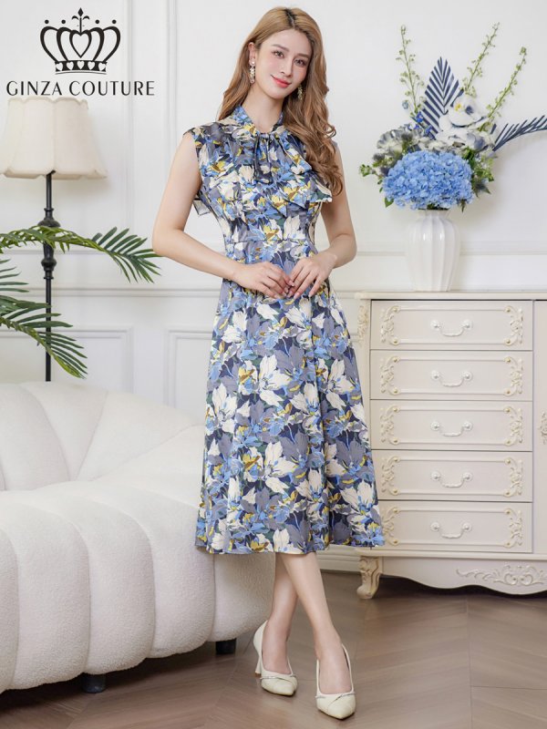 画像2: [送料無料][GINZA COUTURE]ベージュ×グレー・サテン・プリント・花柄・リボン・ノースリーブ・Aライン・ミディアムドレス・ワンピース[即日発送][大きいサイズあり] (2)