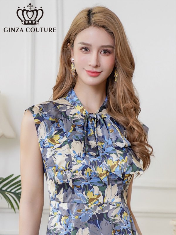画像4: [送料無料][GINZA COUTURE]ベージュ×グレー・サテン・プリント・花柄・リボン・ノースリーブ・Aライン・ミディアムドレス・ワンピース[即日発送][大きいサイズあり] (4)
