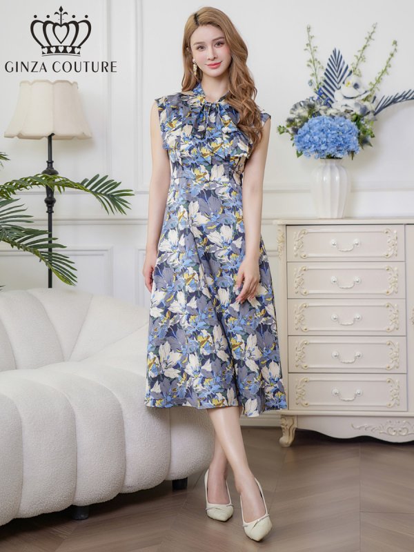 画像5: [送料無料][GINZA COUTURE]ベージュ×グレー・サテン・プリント・花柄・リボン・ノースリーブ・Aライン・ミディアムドレス・ワンピース[即日発送][大きいサイズあり] (5)