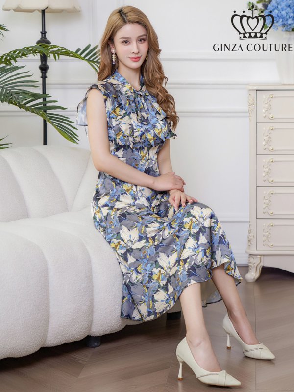 画像6: [送料無料][GINZA COUTURE]ベージュ×グレー・サテン・プリント・花柄・リボン・ノースリーブ・Aライン・ミディアムドレス・ワンピース[即日発送][大きいサイズあり] (6)