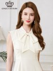 画像4: [送料無料][GINZA COUTURE]アイボリー・ホワイト×ピンク・ホワイト×イエロー・ロイヤルブルー・ベージュ×グレー・サテン・プリント・花柄・リボン・ノースリーブ・Aライン・ミディアムドレス・ワンピース[即日発送][大きいサイズあり] (4)