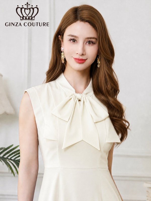 画像4: [送料無料][GINZA COUTURE]アイボリー・ホワイト×ピンク・ホワイト×イエロー・ロイヤルブルー・ベージュ×グレー・サテン・プリント・花柄・リボン・ノースリーブ・Aライン・ミディアムドレス・ワンピース[即日発送][大きいサイズあり] (4)