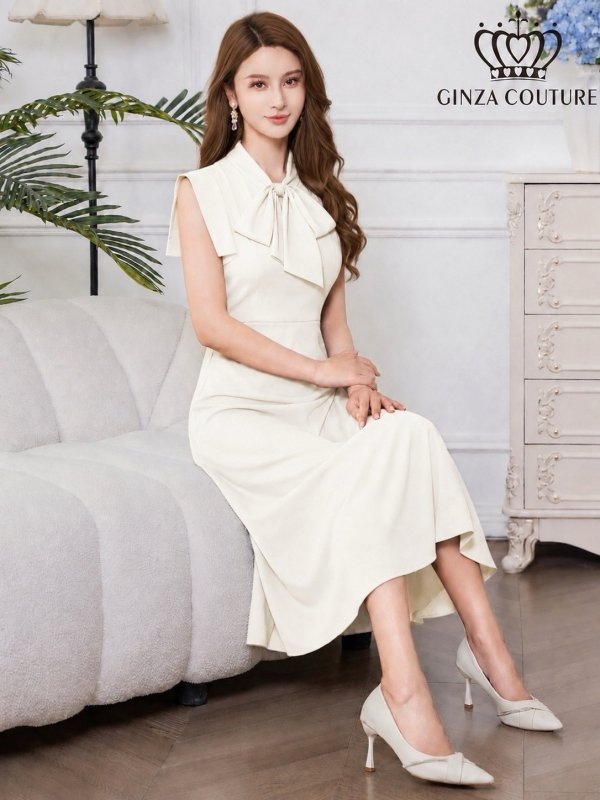 画像6: [送料無料][GINZA COUTURE]アイボリー・ホワイト×ピンク・ホワイト×イエロー・ロイヤルブルー・ベージュ×グレー・サテン・プリント・花柄・リボン・ノースリーブ・Aライン・ミディアムドレス・ワンピース[即日発送][大きいサイズあり] (6)