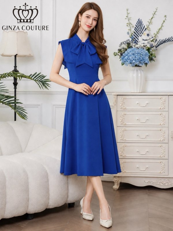 画像14: [送料無料][GINZA COUTURE]ホワイト×イエロー・ホワイト×ピンク・ロイヤルブルー・ベージュ×グレー・サテン・プリント・花柄・リボン・ノースリーブ・Aライン・ミディアムドレス・ワンピース[即日発送][大きいサイズあり] (14)