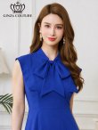 画像16: [送料無料][GINZA COUTURE]ホワイト×イエロー・ホワイト×ピンク・ロイヤルブルー・ベージュ×グレー・サテン・プリント・花柄・リボン・ノースリーブ・Aライン・ミディアムドレス・ワンピース[即日発送][大きいサイズあり] (16)