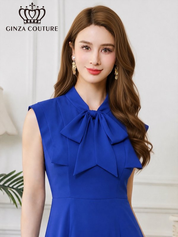 画像16: [送料無料][GINZA COUTURE]ホワイト×イエロー・ホワイト×ピンク・ロイヤルブルー・ベージュ×グレー・サテン・プリント・花柄・リボン・ノースリーブ・Aライン・ミディアムドレス・ワンピース[即日発送][大きいサイズあり] (16)