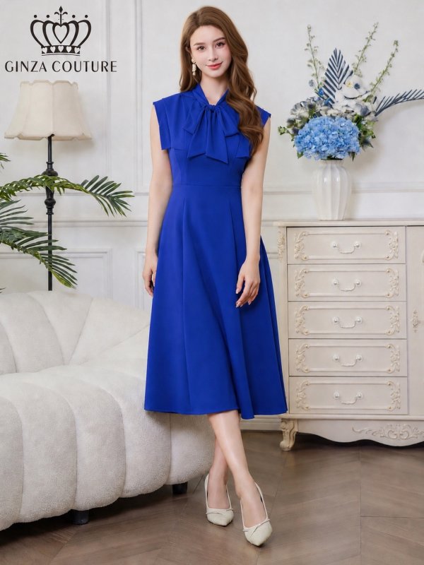 画像5: [送料無料][GINZA COUTURE]ロイヤルブルー・アイボリー・ホワイト×ピンク・ホワイト×イエロー・ベージュ×グレー・ベージュ×グレー・サテン・プリント・花柄・リボン・ノースリーブ・Aライン・ミディアムドレス・ワンピース[即日発送][大きいサイズあり] (5)