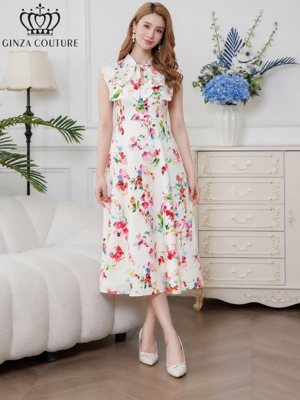 画像8: [送料無料][GINZA COUTURE]ベージュ×グレー・ホワイト×イエロー・ホワイト×ピンク・サテン・プリント・花柄・リボン・ノースリーブ・Aライン・ミディアムドレス・ワンピース[即日発送][大きいサイズあり] (8)
