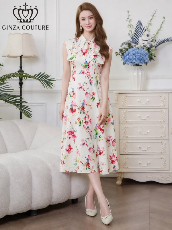 画像8: [送料無料][GINZA COUTURE]ホワイト×イエロー・ホワイト×ピンク・ロイヤルブルー・ベージュ×グレー・サテン・プリント・花柄・リボン・ノースリーブ・Aライン・ミディアムドレス・ワンピース[即日発送][大きいサイズあり] (8)
