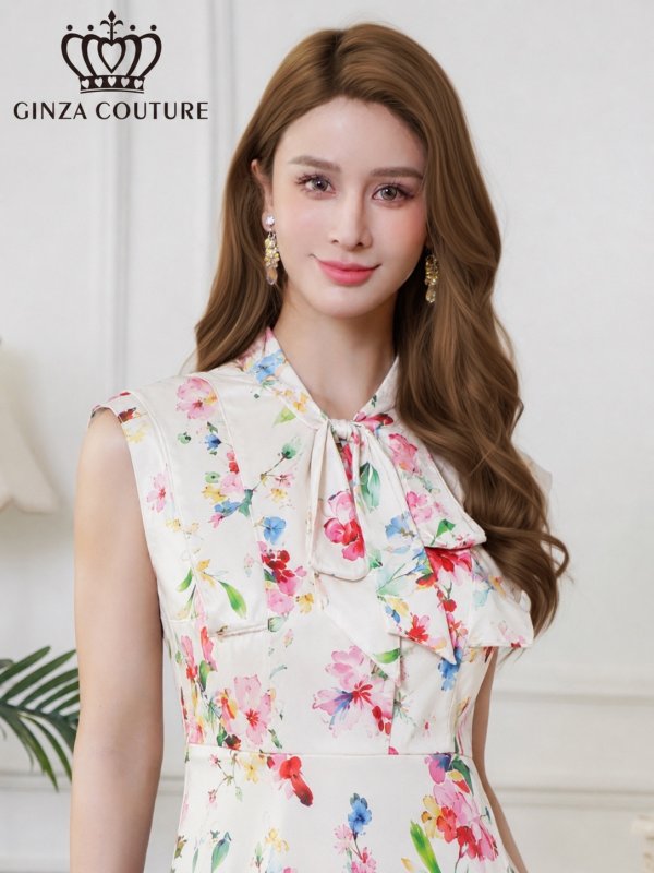 画像10: [送料無料][GINZA COUTURE]ホワイト×イエロー・ホワイト×ピンク・ロイヤルブルー・ベージュ×グレー・サテン・プリント・花柄・リボン・ノースリーブ・Aライン・ミディアムドレス・ワンピース[即日発送][大きいサイズあり] (10)