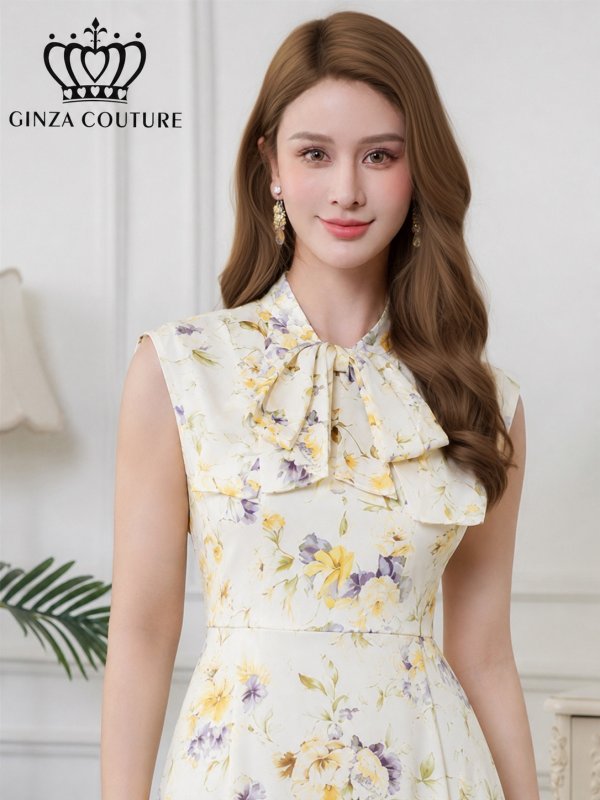 画像4: [送料無料][GINZA COUTURE]ホワイト×イエロー・ホワイト×ピンク・ロイヤルブルー・ベージュ×グレー・サテン・プリント・花柄・リボン・ノースリーブ・Aライン・ミディアムドレス・ワンピース[即日発送][大きいサイズあり] (4)