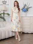 画像5: [送料無料][GINZA COUTURE]ホワイト×イエロー・ホワイト×ピンク・ロイヤルブルー・ベージュ×グレー・サテン・プリント・花柄・リボン・ノースリーブ・Aライン・ミディアムドレス・ワンピース[即日発送][大きいサイズあり] (5)