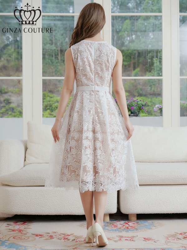 画像3: [送料無料][GINZA COUTURE]ホワイト・総レース・スパンコール・Vネック・ウエストマーク・Aライン・ミディアムドレス・ワンピース[即日発送][大きいサイズあり] (3)