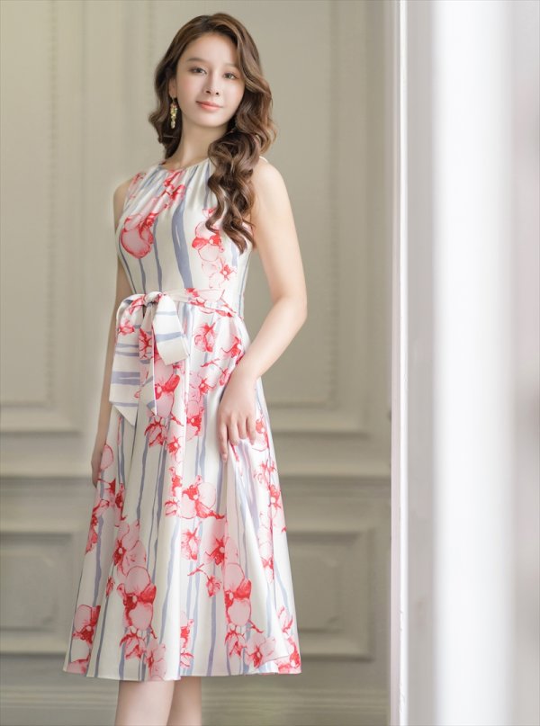 画像3: [送料無料][GINZA COUTURE]ピンク・フラワープリント・Aライン・ウエストリボン・ミディアムドレス・ワンピース[即日発送][大きいサイズあり] (3)