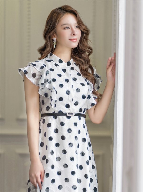 画像4: [送料無料][GINZA COUTURE]ホワイト×ブラック・ドット・プリント・フリルスリーブ・ベルト付き・Aライン・ミディアムドレス・ワンピース (4)