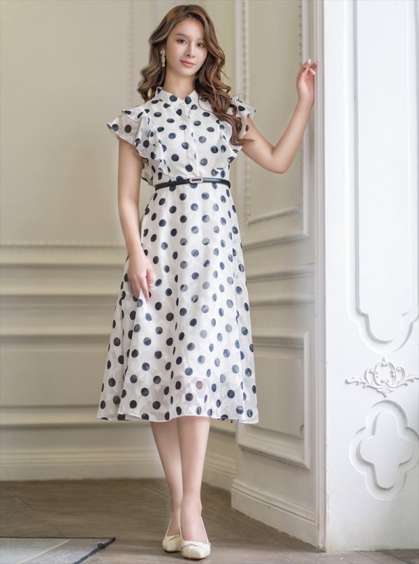 画像5: [送料無料][GINZA COUTURE]ホワイト×ブラック・ドット・プリント・フリルスリーブ・ベルト付き・Aライン・ミディアムドレス・ワンピース (5)