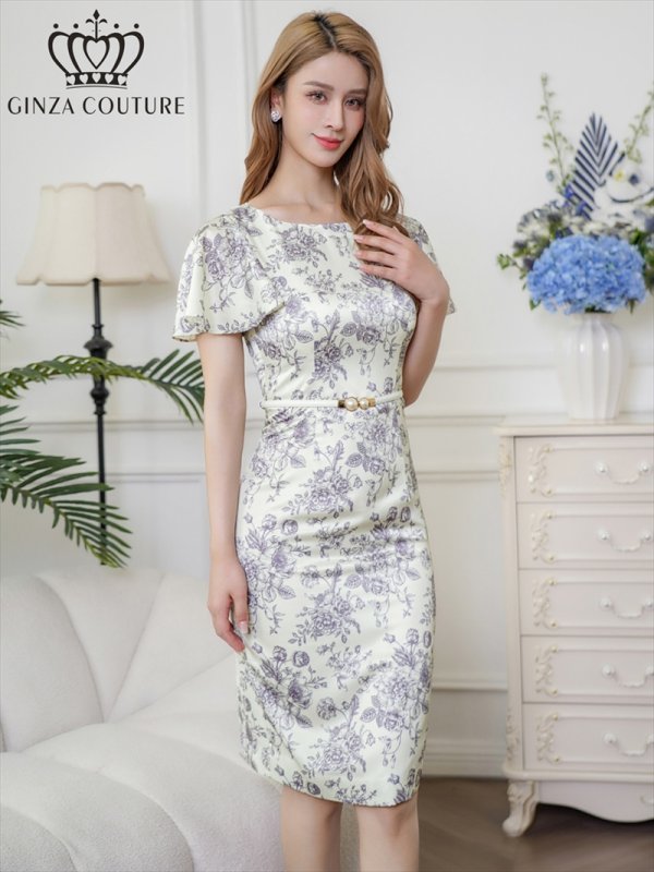 画像1: [送料無料][GINZA COUTURE]ベージュ×グレー・クラシカルプリント・花柄・サテン・フレアスリーブ・半袖 ・パールビジュー付きベルト・大人・上品・タイト・ミディアムドレス・ワンピース[即日発送][大きいサイズあり] (1)