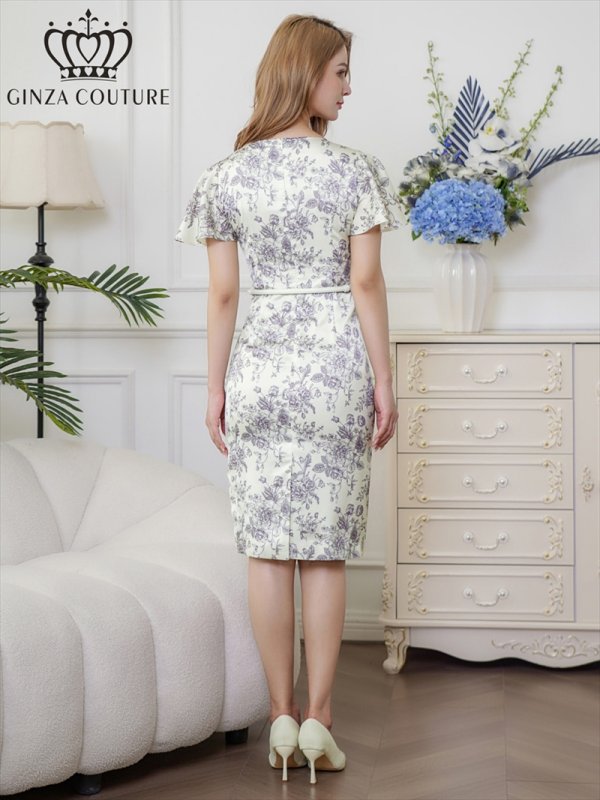 画像3: [送料無料][GINZA COUTURE]ベージュ×グレー・クラシカルプリント・花柄・サテン・フレアスリーブ・半袖 ・パールビジュー付きベルト・大人・上品・タイト・ミディアムドレス・ワンピース[即日発送][大きいサイズあり] (3)
